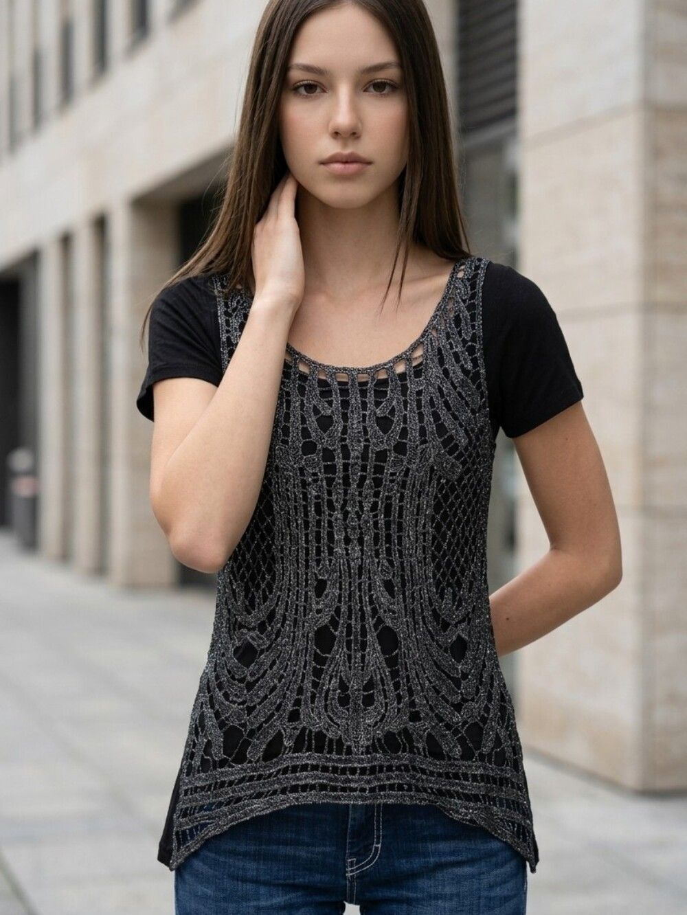 Buckle Daytrip Metallic Lace Blouse Black Silver Sheer Top Small Rockstar Glam